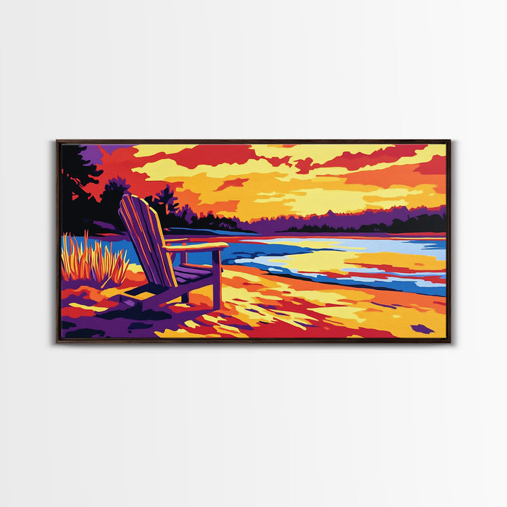 Adirondack chair, lake view, relaxing sunset, cabin art, rustic landscape, extra wide art, nature lover decor, canvas print