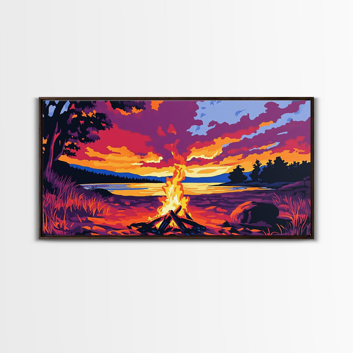 Bonfire, lakeside evening, autumn wall art, warm sunset painting, outdoor adventure art, extra wide art, framed canvas print