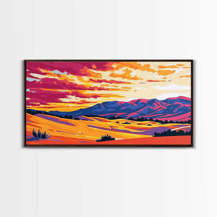 Desert dunes, mountain painting, western sunset, scenic landscape art, minimalist boho decor, panoramic art, framed canvas print