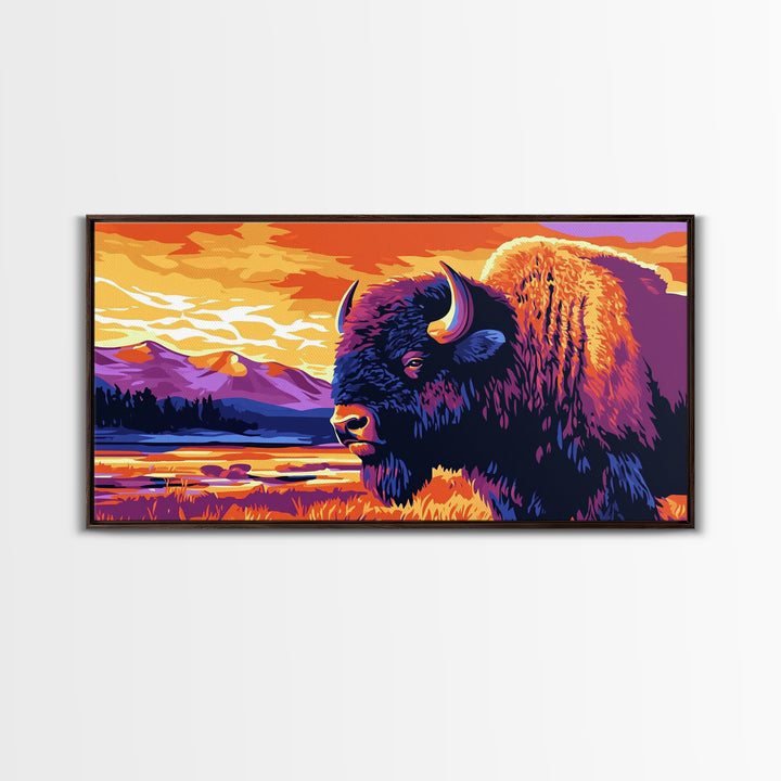 Bison, mountain scenery, rustic wildlife decor, western art, nature lover gift idea, farmhouse wall art, framed canvas print