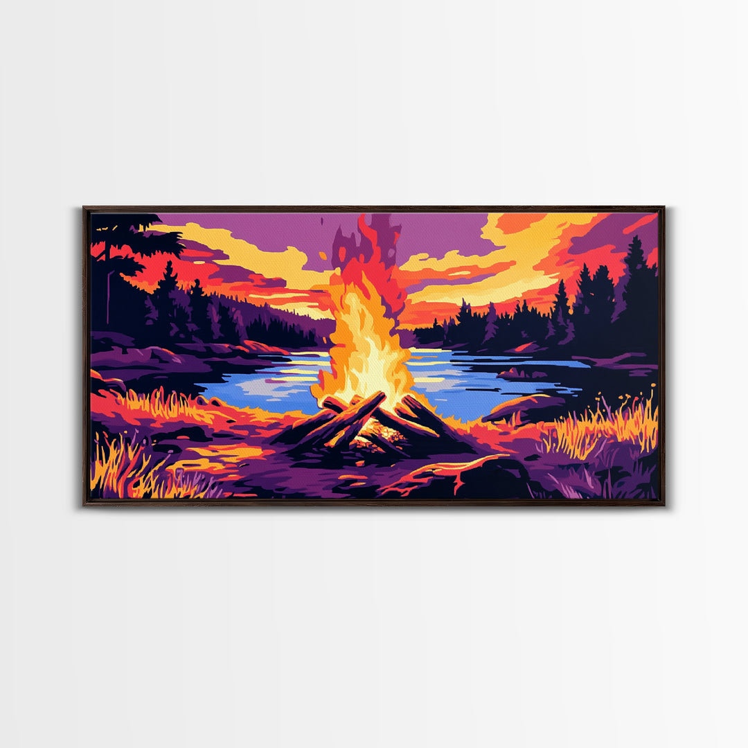 Campfire, lake sunset, rustic art, outdoor decor, cozy cabin wall art, smoky mountain art, framed canvas print, horizontal wall art