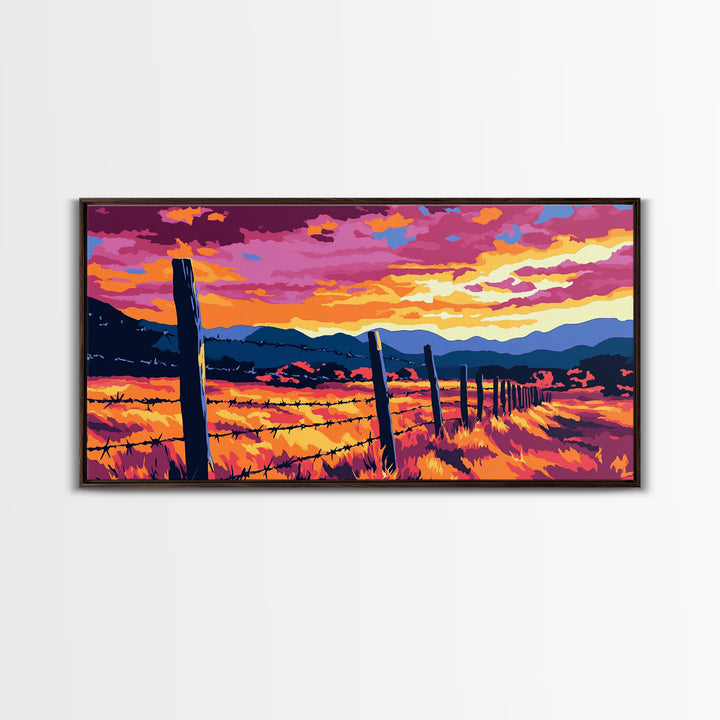 Barbed Fence, rustic art, country painting, extra wide art, farmhouse wall art, landscape painting, horizontal wall art, Framed Canvas Print