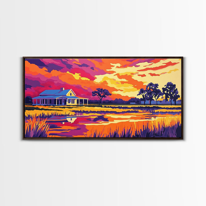 Rural Farmhouse, Rustic Wall Art, Barn Landscape Oil Painting, Farmhouse Art, Framed Canvas Print, Panoramic Art, Above Bed Wall Art