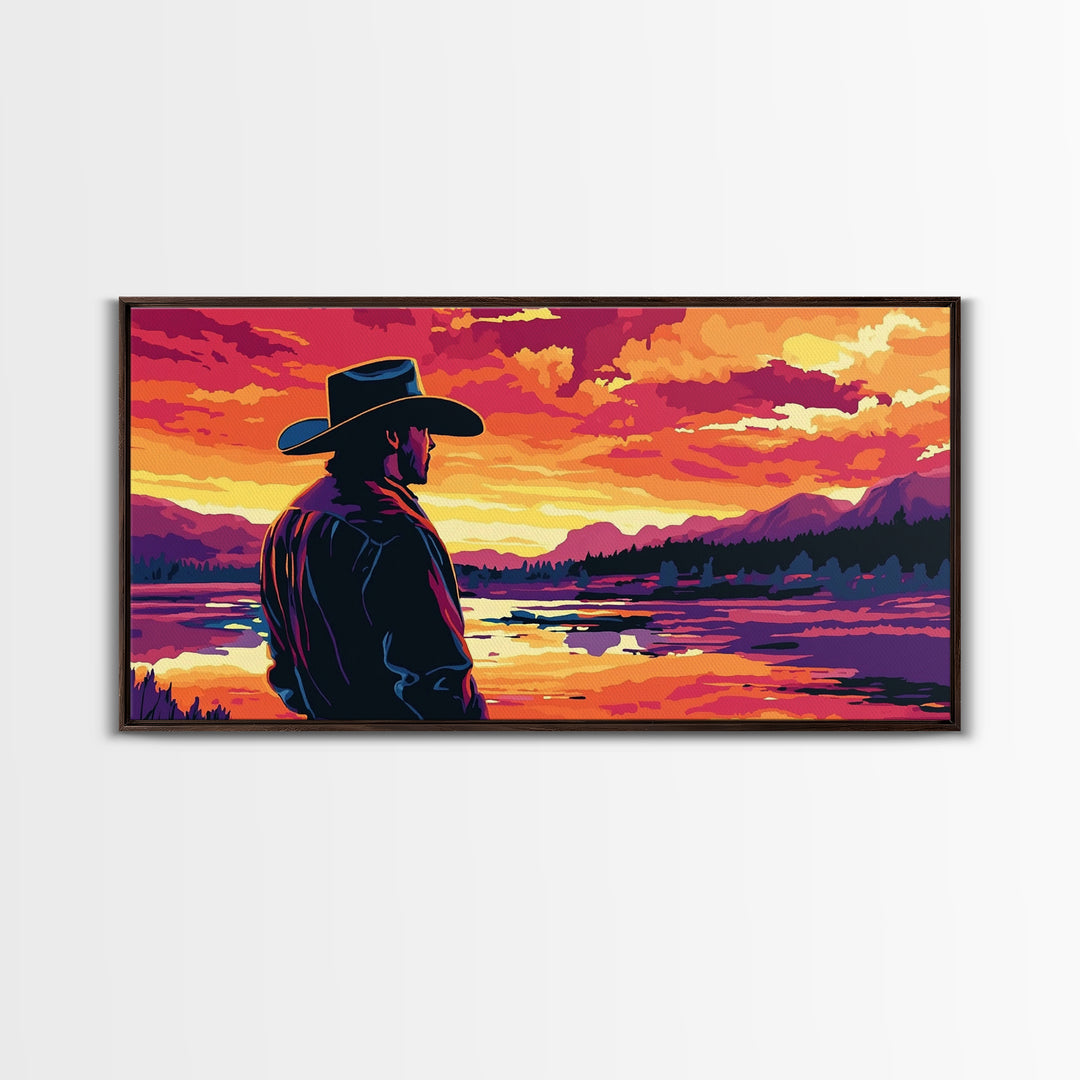 Cowboy Silhouette, Western Art, Southwest Wall Art, Rustic Decor, Moody Art, Framed Canvas Print, Gift Idea, Panoramic Art, Horizontal Wall Art