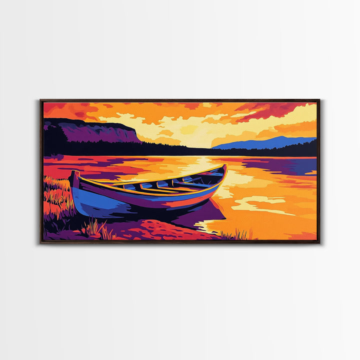 Boat on the Shore, nautical painting, seascape painting, rustic decor, above couch art, panoramic painting, extra wide art, canvas print