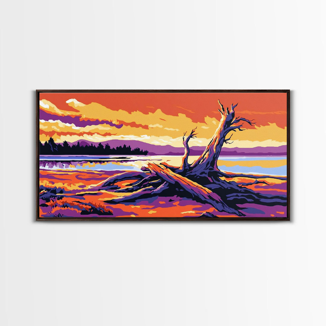 Driftwood Beach Scene, coastal landscape art, nautical painting, rustic wall art, ocean sunset art, panoramic art, framed canvas print