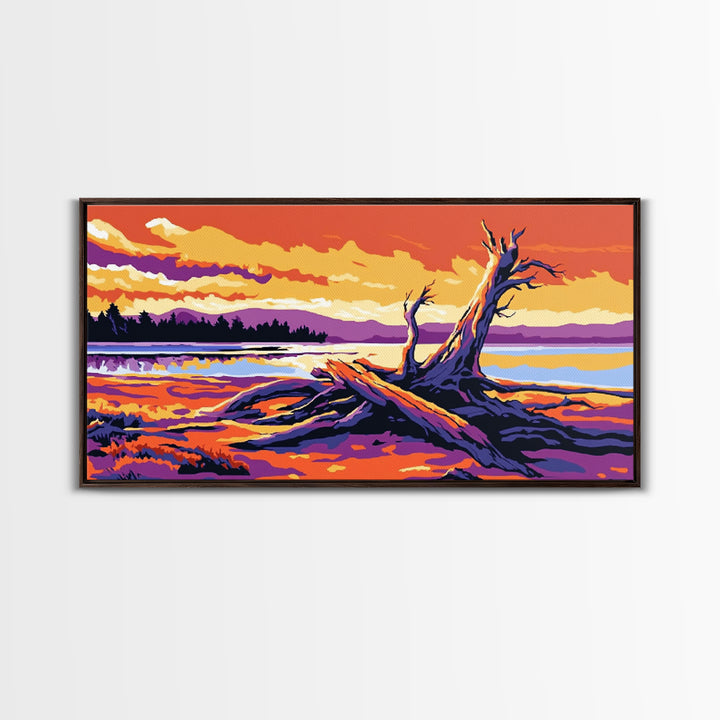 Driftwood Beach Scene, coastal landscape art, nautical painting, rustic wall art, ocean sunset art, panoramic art, framed canvas print