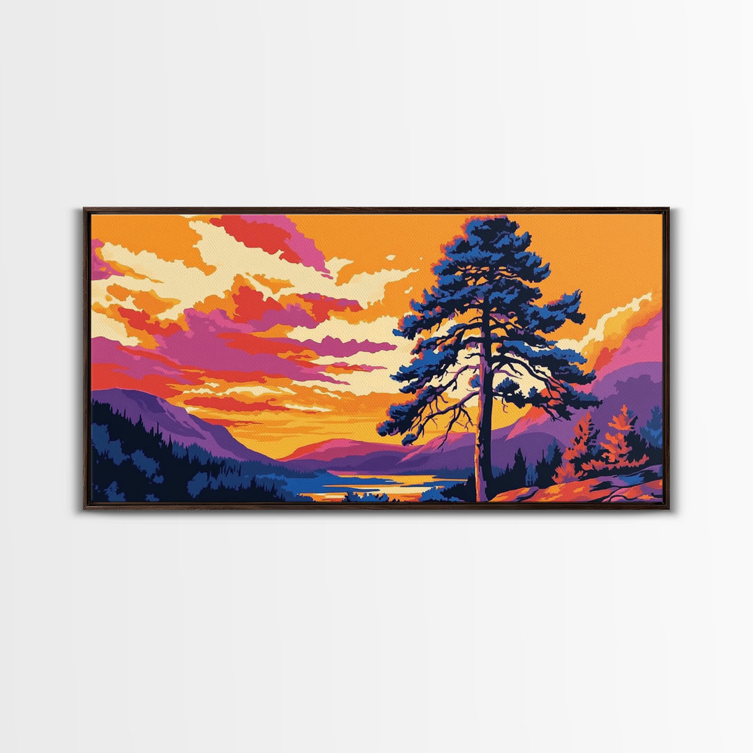 Pine Tree Sunset, smoky mountain art, Joshua tree art, landscape painting, rustic decor, extra wide wall art, framed canvas print