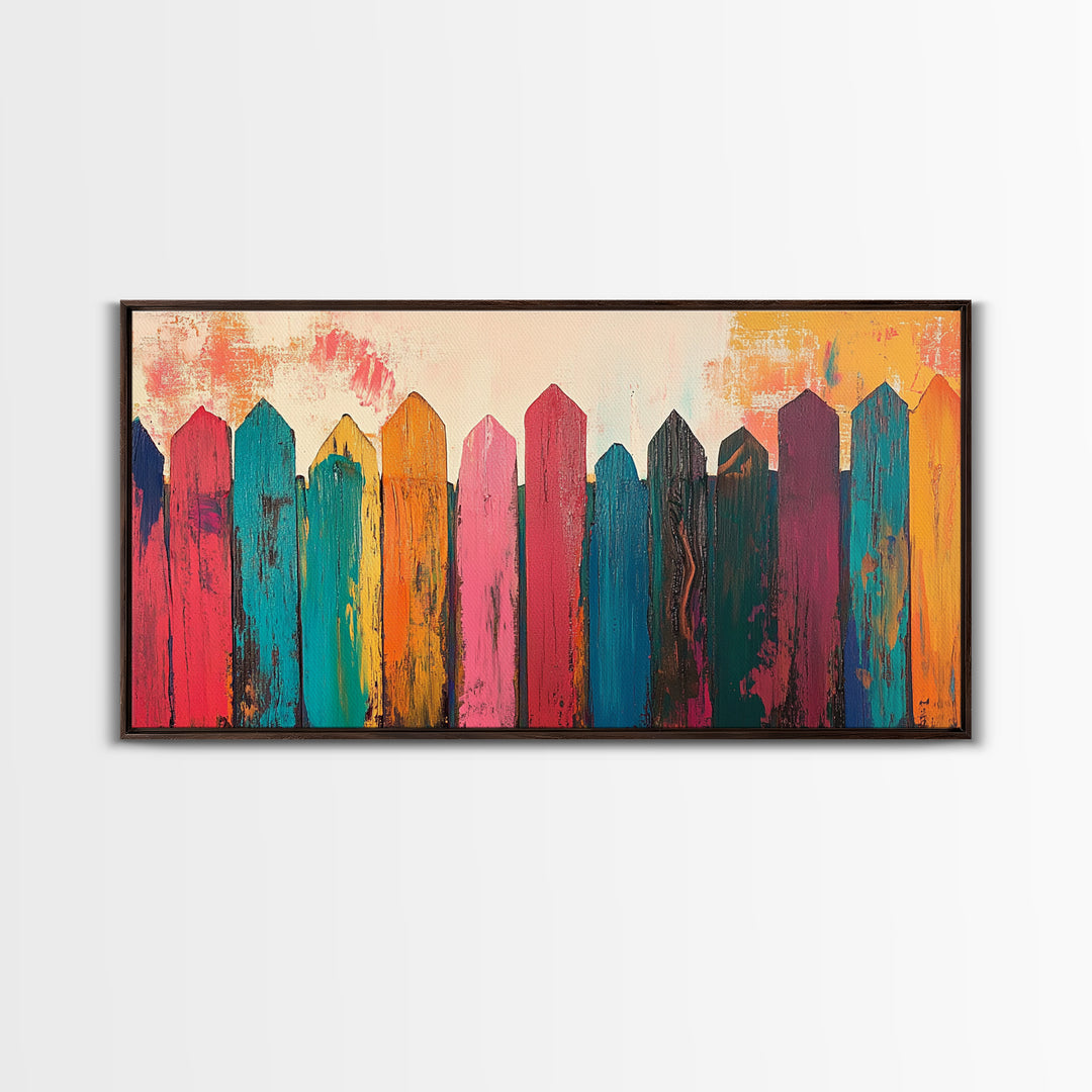 Rustic Fence Art, farmhouse art, rustic wall art, wabi sabi art, colorful wood painting, extra wide art, canvas print, southwestern decor