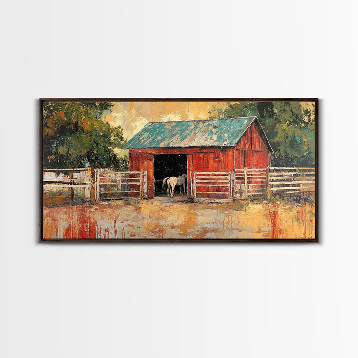 Rustic Barn Scene, barn landscape oil painting, western wall art, farmhouse decor, rural life painting, extra wide art, framed canvas print, wabi sabi art