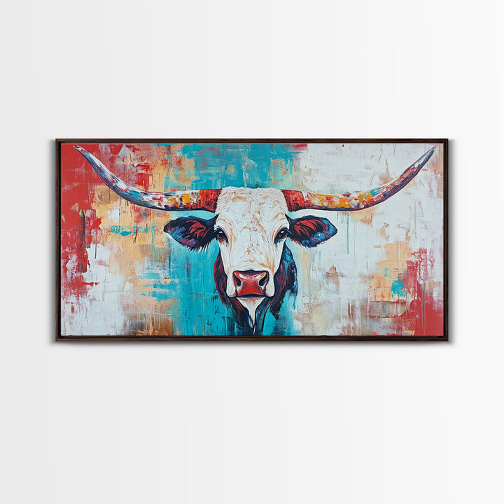 Colorful Longhorn Art, rustic wall art, farmhouse art, southwest wall art, bold animal painting, extra wide art, canvas print, wabi sabi art