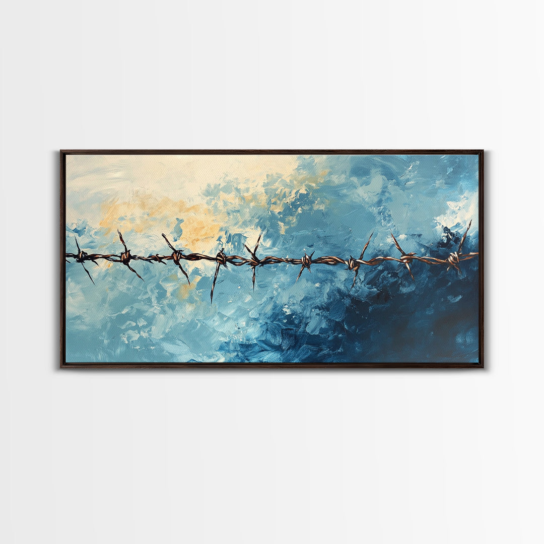 Barbed Wire, Rustic Wall Art, Southwest Art, Minimalist Art, Moody Painting, Extra Wide Art, Western Landscape Art, Framed Canvas Print