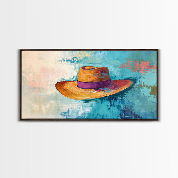 Western Hat, Boho Art, Rustic Wall Art, Southwest Art, Moody Painting, Extra Wide Art, Minimalist Art, Framed Canvas Print