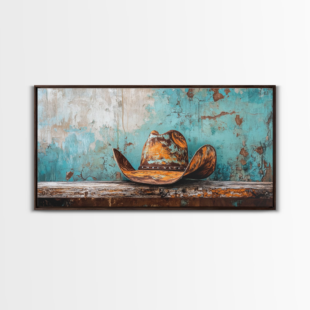Cowboy Hat Art, Framed Canvas Print, Rustic Decor, Southwest Wall Art, Extra Wide Art, Farmhouse Art, Moody Art, Western Wall Art