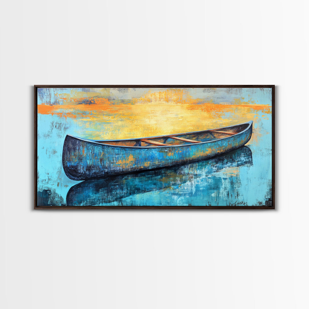 Canoe, Lake Art, Fly Fishing Art, Rustic Wall Art, Coastal Painting, Above Couch Art, Horizontal Wall Art, Framed Canvas Print, Nautical Decor
