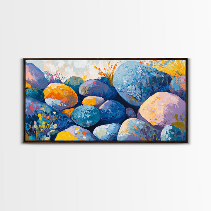River Rocks, Whimsical Art, Mosaic Wall Art, Boho Art, Teal Wall Art, Nature Inspired Art, Abstract Landscape, Canvas Print, Gift Idea Her
