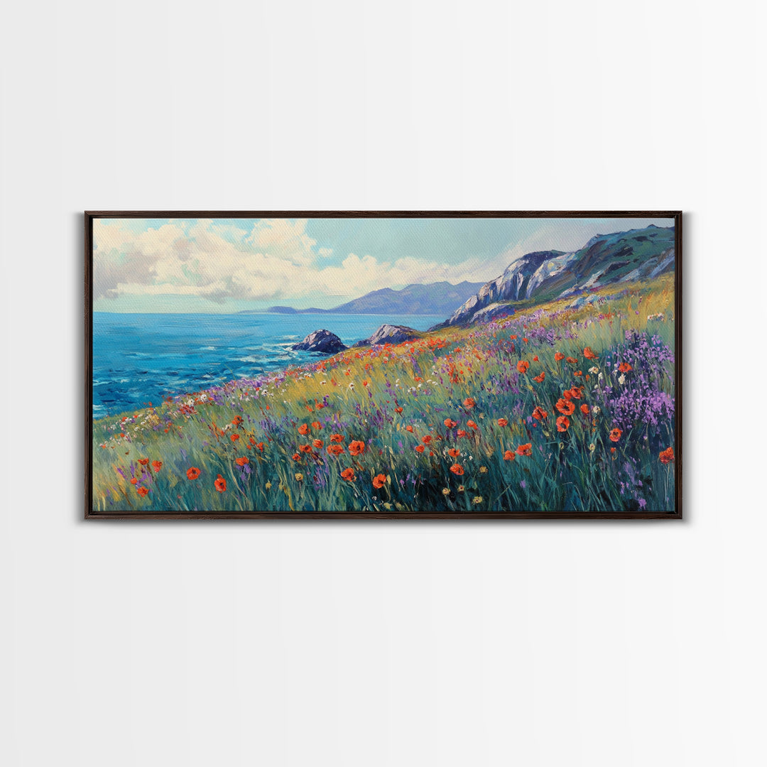 Coastal Wildflower Art, Framed Canvas Print, Poppy Wall Art, Coastal Landscape Art, Seascape Painting, Extra Wide Art, Above Couch Art