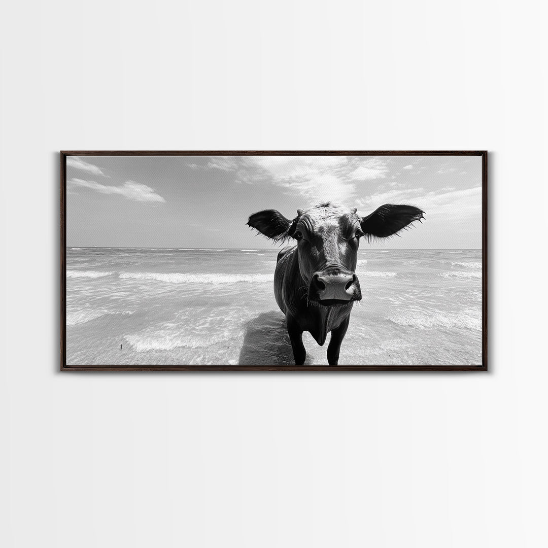Curious Beach Cow, coastal wall art, cow painting, whimsical art, black and white photography, farmhouse decor, seascape painting, Canvas Print