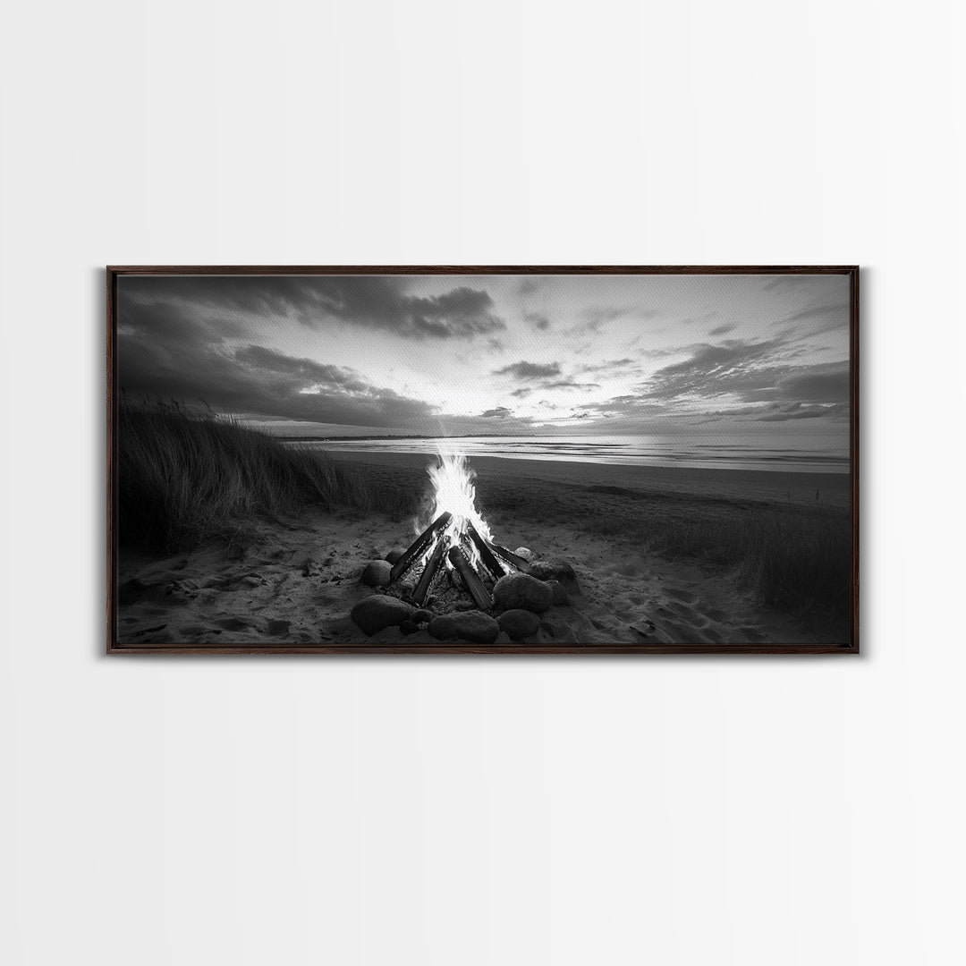 Bonfire on Beach, coastal decor, nautical painting, rustic art, beach sunset print, seascape painting, landscape painting, Framed Canvas Print