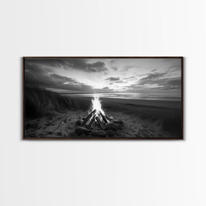 Bonfire on Beach, coastal decor, nautical painting, rustic art, beach sunset print, seascape painting, landscape painting, Framed Canvas Print