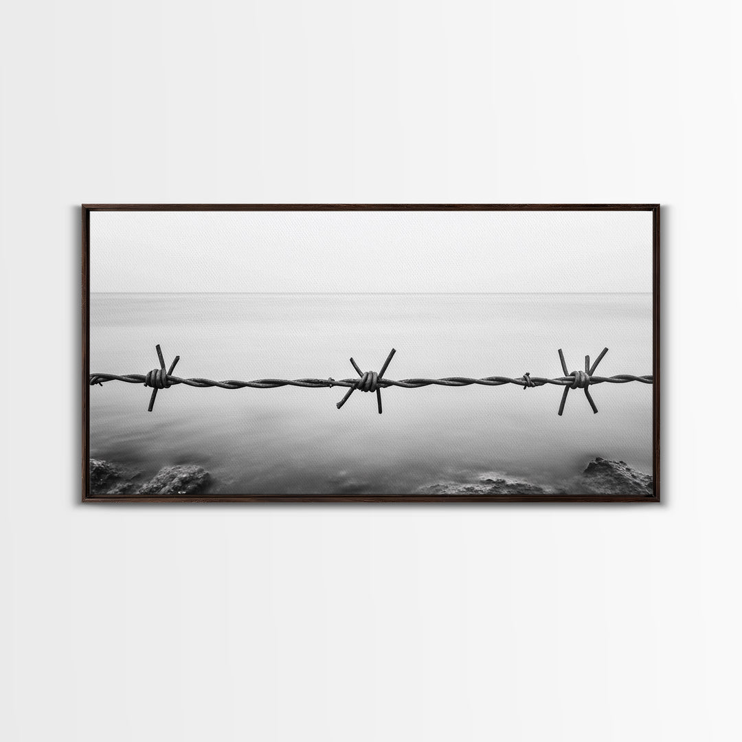 Barbed Wire, rustic decor, farmhouse art, minimalist black and white, modern wabi sabi wall art, textured art, panoramic art, Canvas Print
