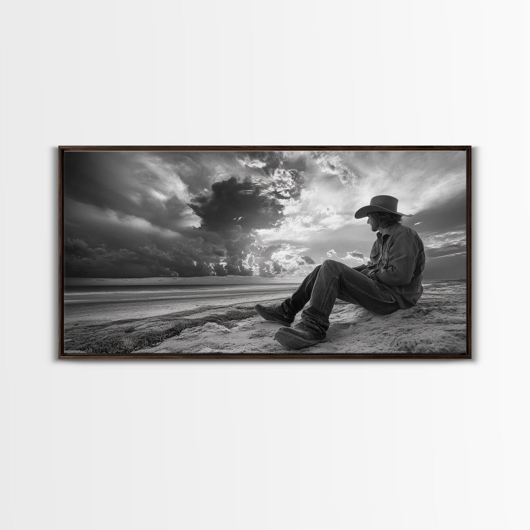 Cowboy on Beach, Moody Art, Western Wall Art, Dramatic Sky Print, Rustic Decor, Coastal Cowgirl Aesthetic, Framed Canvas Print, Scenic View