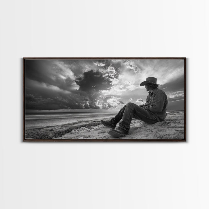 Cowboy on Beach, Moody Art, Western Wall Art, Dramatic Sky Print, Rustic Decor, Coastal Cowgirl Aesthetic, Framed Canvas Print, Scenic View