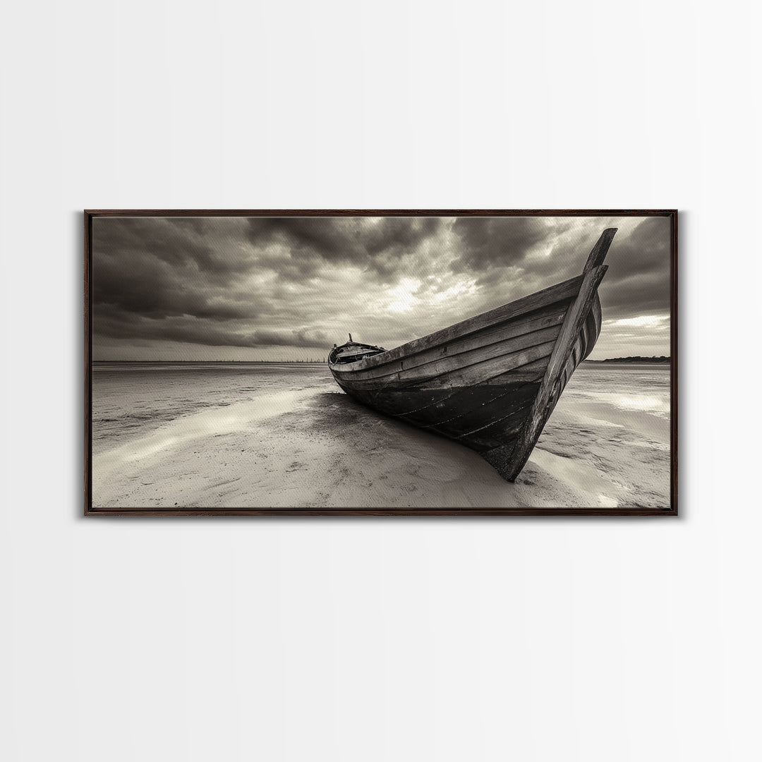 Abandoned Boat, Nautical Wall Art, Coastal Decor, Seascape Painting, Rustic Wall Art, Dramatic Sky, Framed Canvas Print, Panoramic Art