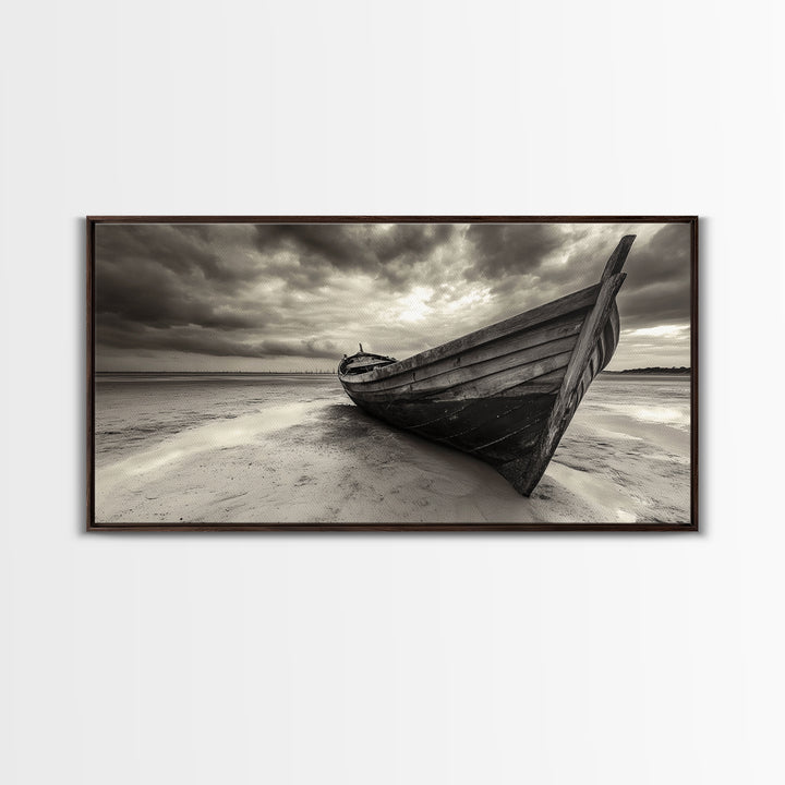 Abandoned Boat, Nautical Wall Art, Coastal Decor, Seascape Painting, Rustic Wall Art, Dramatic Sky, Framed Canvas Print, Panoramic Art