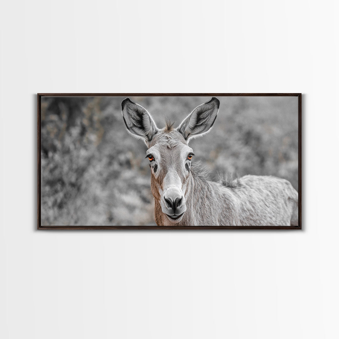 Donkey Close-Up Framed Canvas Print | Rustic Farmhouse Art | Moody Animal Portrait | Southwest Wall Art | Extra Wide Art | Above Couch Decor