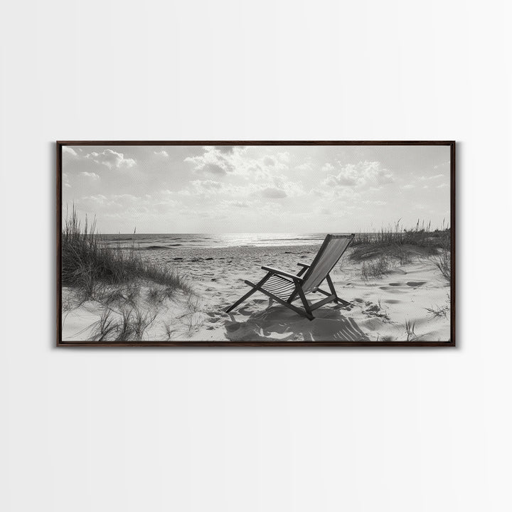 Beach Chair, Coastal Landscape Art, Minimalist Art, Wabi Sabi Art, Ocean View Print, Relaxing Decor, Framed Canvas Print, Nautical Wall Art