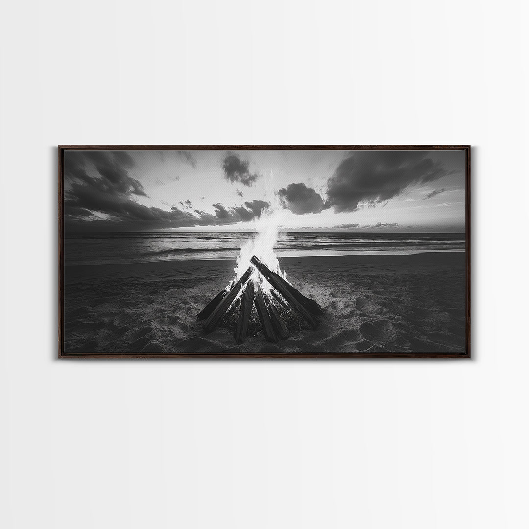 Bonfire On Beach, Coastal Wall Art, Moody Art, Extra Wide Art, Sunset Wall Art, Panoramic Art, Rustic Wall Art, Framed Canvas Print