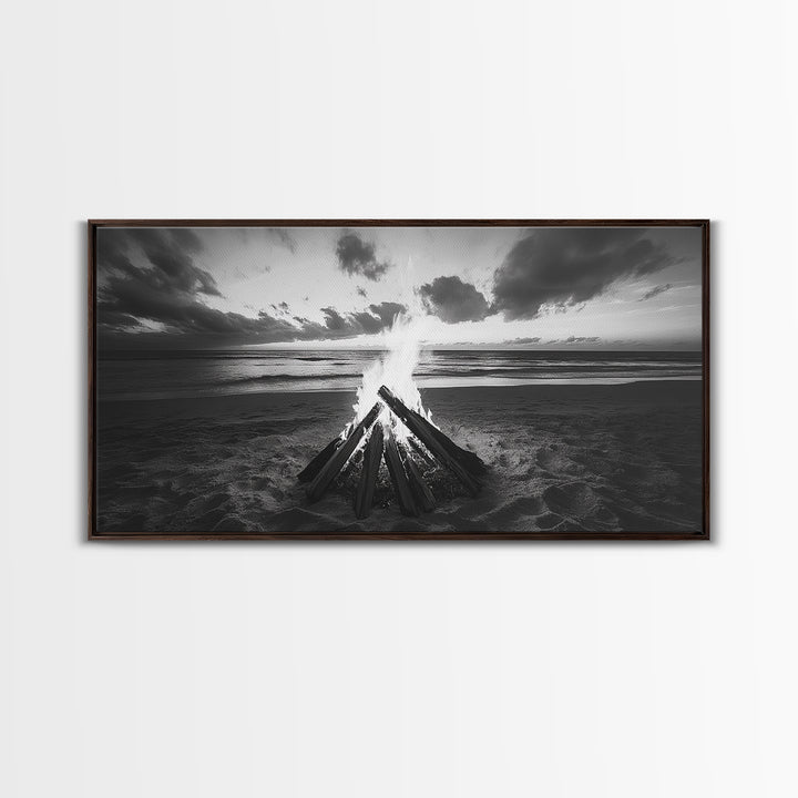 Bonfire On Beach, Coastal Wall Art, Moody Art, Extra Wide Art, Sunset Wall Art, Panoramic Art, Rustic Wall Art, Framed Canvas Print