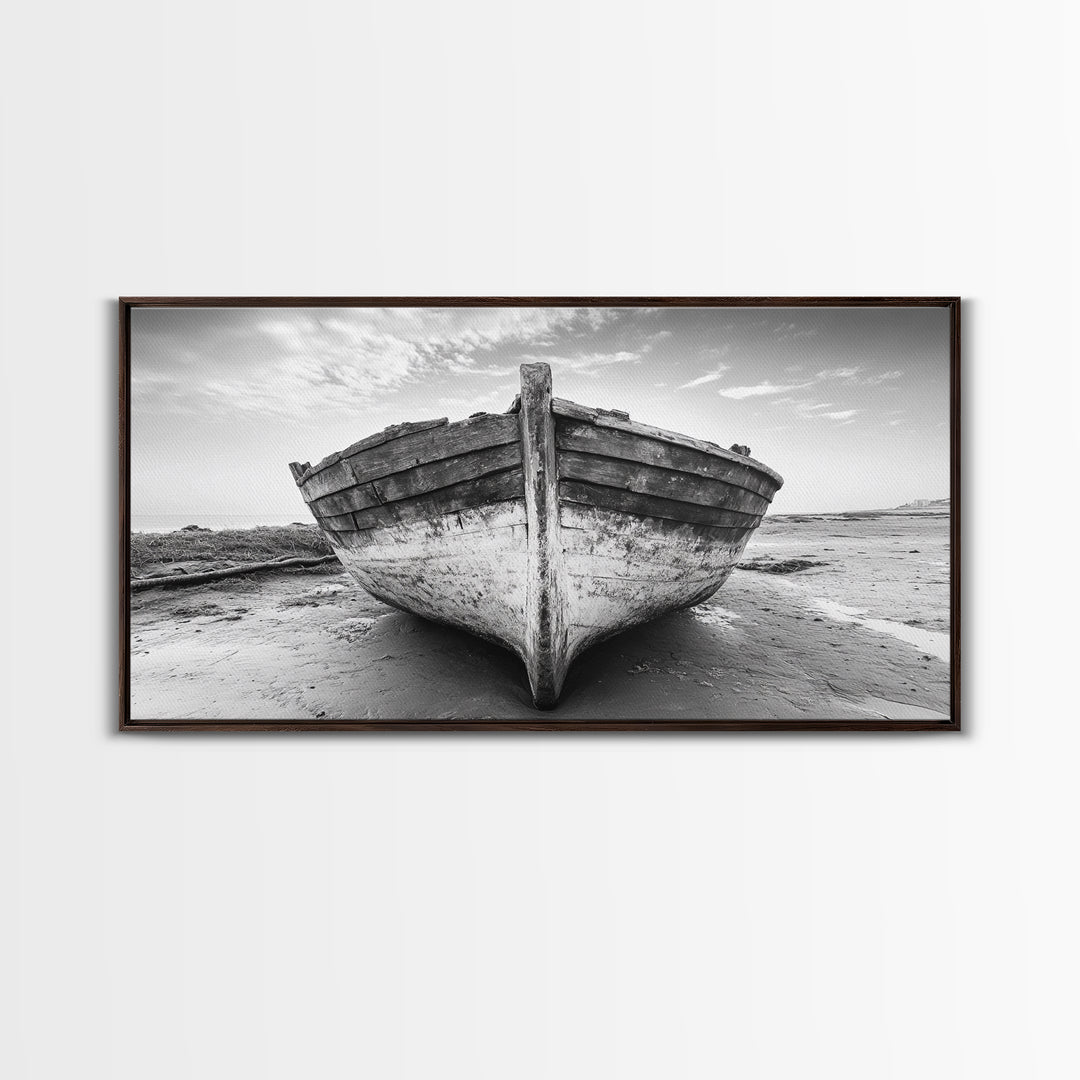 Beached Boat, Nautical Wall Art, Rustic Decor, Coastal Landscape Art, Extra Wide Art, Panoramic Painting, Canvas Print