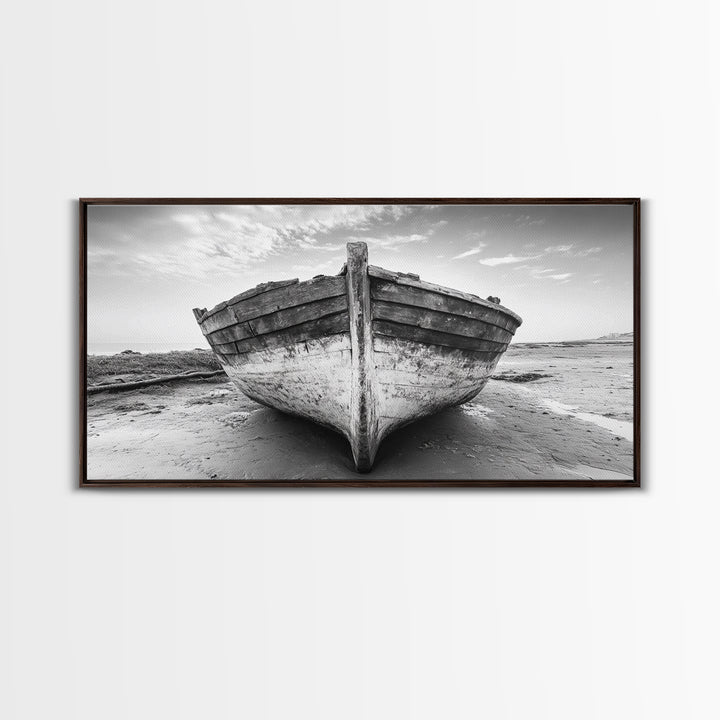 Beached Boat, Nautical Wall Art, Rustic Decor, Coastal Landscape Art, Extra Wide Art, Panoramic Painting, Canvas Print
