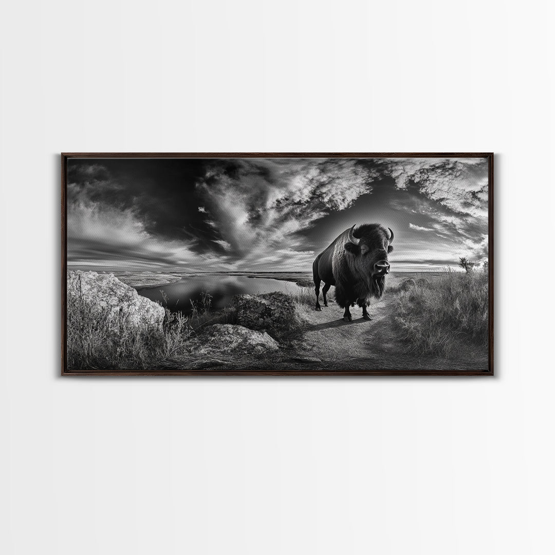 Bison Landscape, Southwest Wall Art, Rustic Wall Art, Moody Art, Panoramic Art, Extra Wide Art, Nature Wall Art, Framed Canvas Print