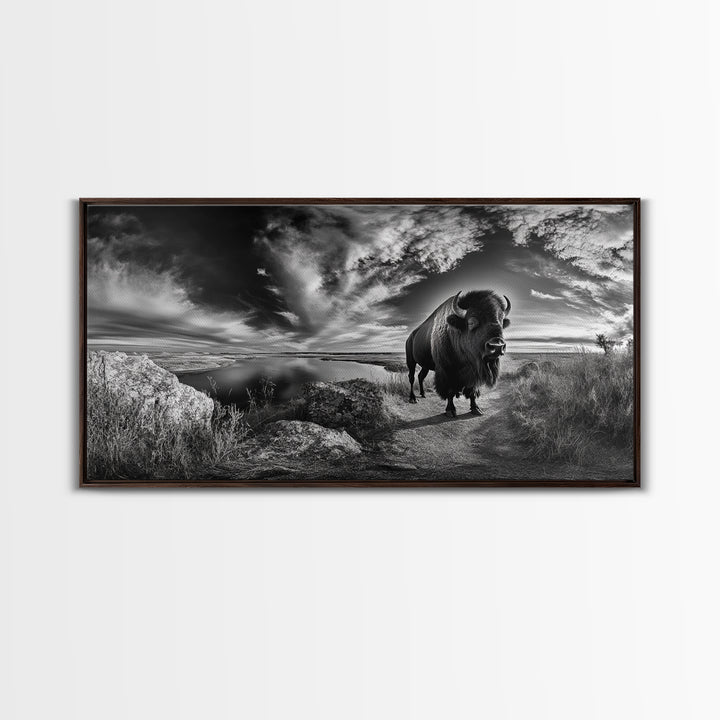 Bison Landscape, Southwest Wall Art, Rustic Wall Art, Moody Art, Panoramic Art, Extra Wide Art, Nature Wall Art, Framed Canvas Print