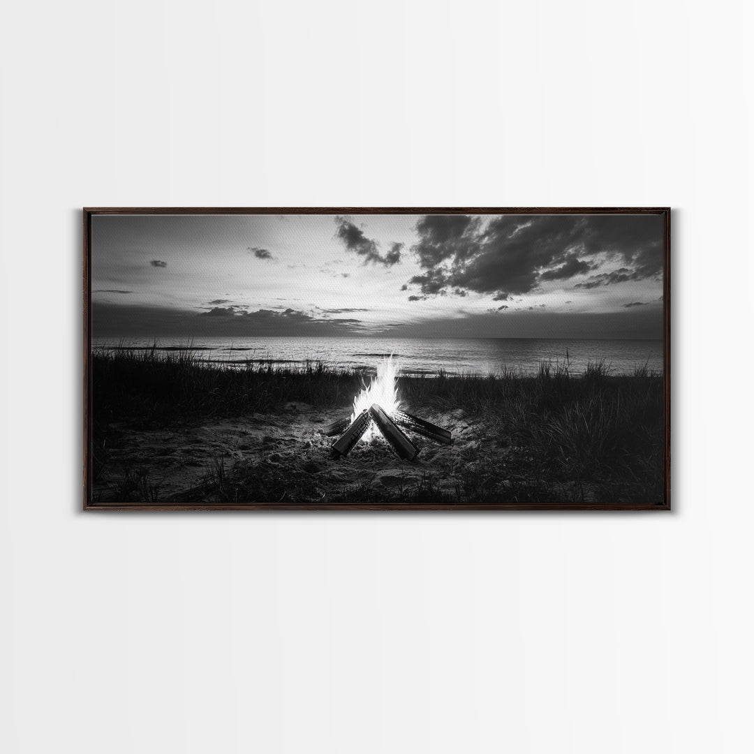 Beach Bonfire, coastal decor, nautical wall art, seascape painting, moody art, rustic wall art, dark romance painting, Canvas Print