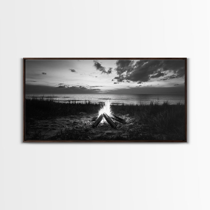 Beach Bonfire, coastal decor, nautical wall art, seascape painting, moody art, rustic wall art, dark romance painting, Canvas Print