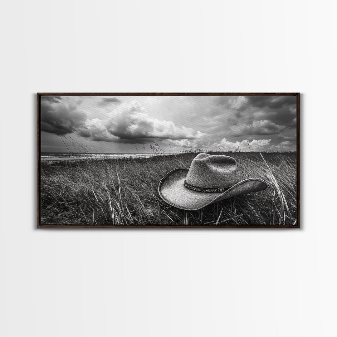 Cowboy Hat, rustic decor, wabi sabi art, western painting, southwest wall art, boho art, moody photography, Framed Canvas Print