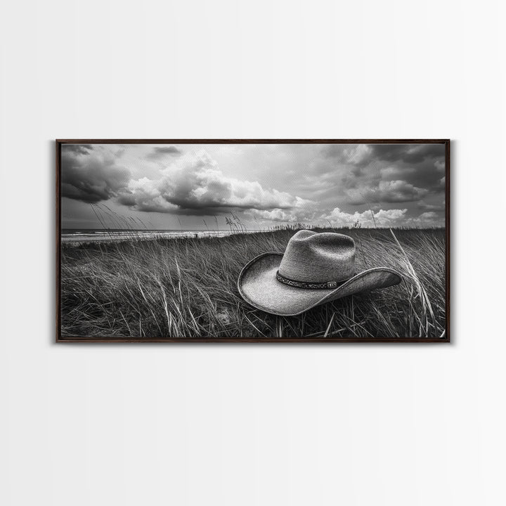Cowboy Hat, rustic decor, wabi sabi art, western painting, southwest wall art, boho art, moody photography, Framed Canvas Print