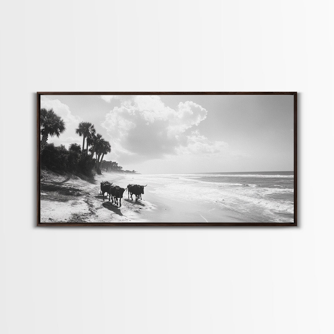 Cattle on beach, coastal cowgirl wall art, rustic decor, farmhouse art, landscape painting, panoramic painting, extra wide art, framed canvas print