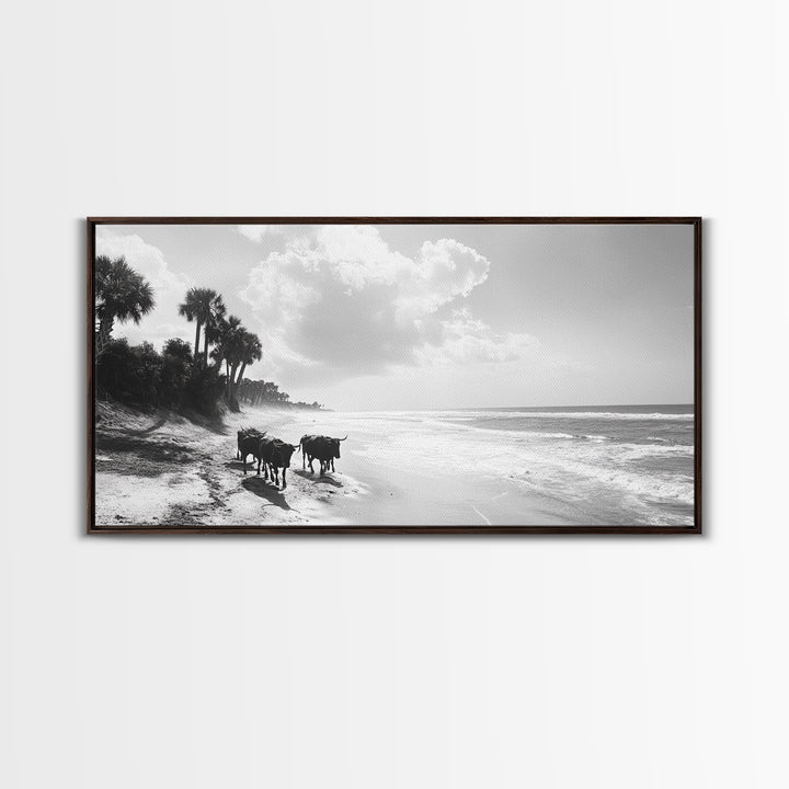 Cattle on beach, coastal cowgirl wall art, rustic decor, farmhouse art, landscape painting, panoramic painting, extra wide art, framed canvas print