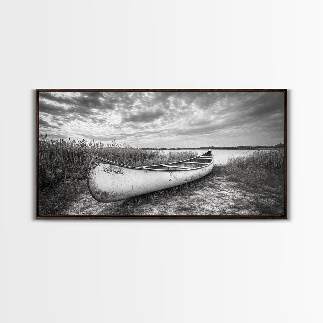 Canoe, lake, coastal cowgirl wall art, rustic decor, farmhouse art, panoramic art, horizontal wall art, extra wide art, framed canvas print