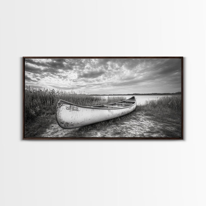 Canoe, lake, coastal cowgirl wall art, rustic decor, farmhouse art, panoramic art, horizontal wall art, extra wide art, framed canvas print