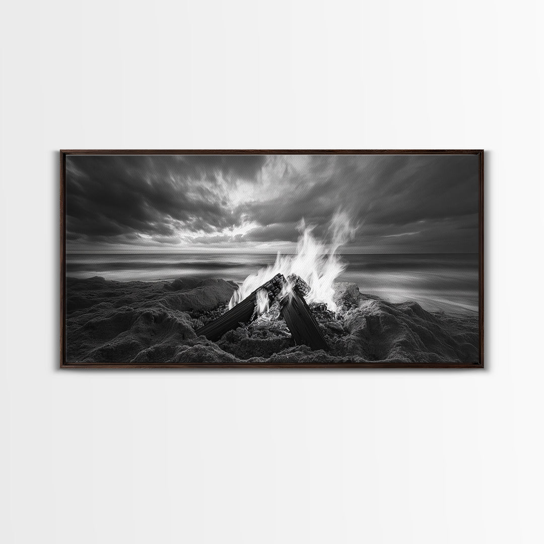 Beach bonfire, moody art, seascape painting, coastal decor, extra wide art, panoramic painting, above bed wall art, framed canvas print