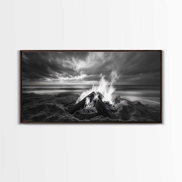 Beach bonfire, moody art, seascape painting, coastal decor, extra wide art, panoramic painting, above bed wall art, framed canvas print