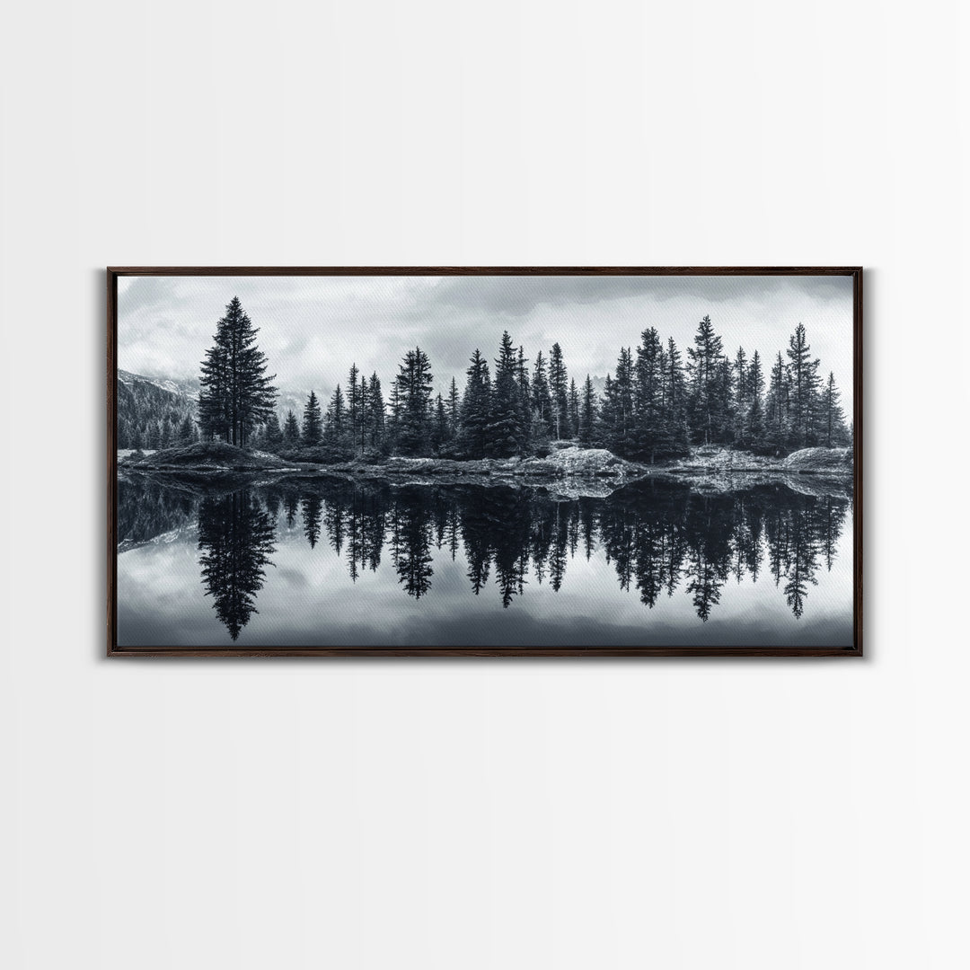 Pine tree reflection, moody art, mountain painting, pine tree art, rustic decor, panoramic art, extra wide art, framed canvas print