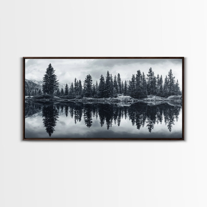 Pine tree reflection, moody art, mountain painting, pine tree art, rustic decor, panoramic art, extra wide art, framed canvas print