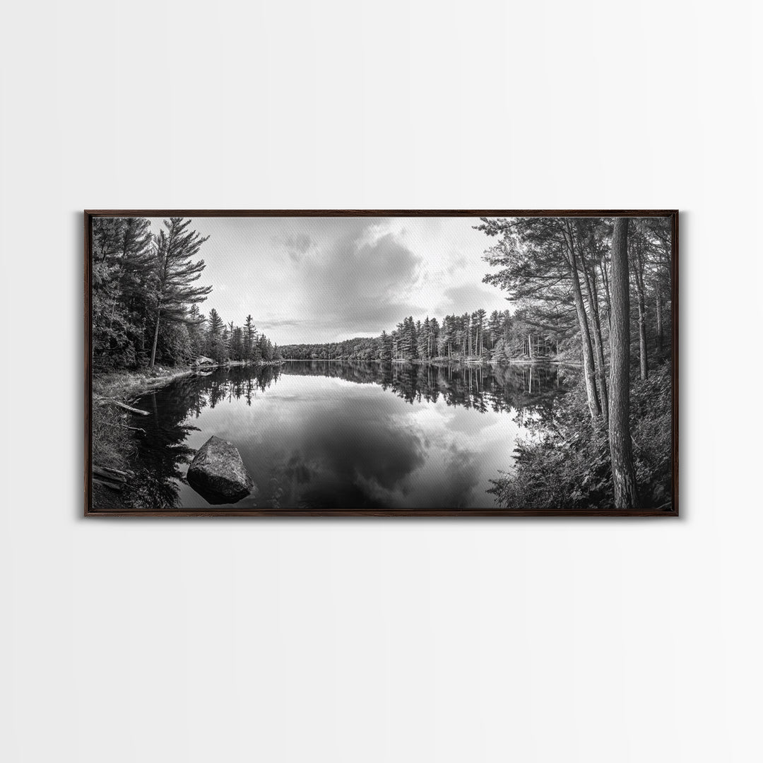Lake reflection, pine tree art, landscape painting, wabi sabi art, rustic decor, panoramic painting, extra wide art, framed canvas print